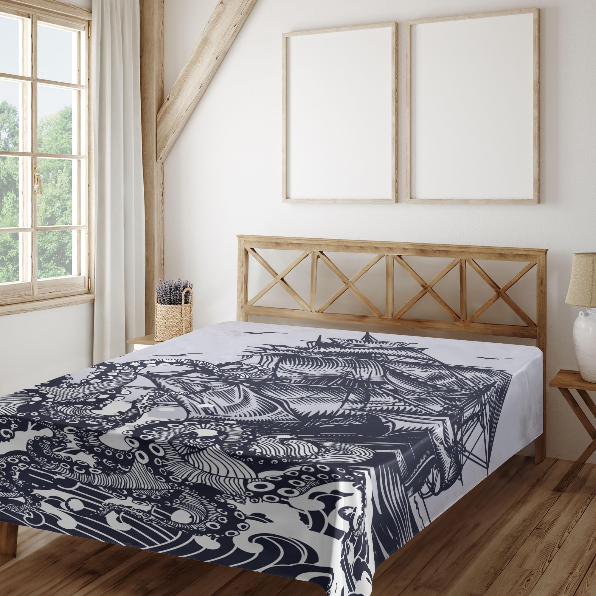 Ambesonne Nautical Flat Sheet, Kraken Octopus Tentacles Ship Sail Old Boat in Ocean Waves, Soft Comfortable Top Sheet Decorative Bedding 1 Piece, King Size, Indigo Purpleblue