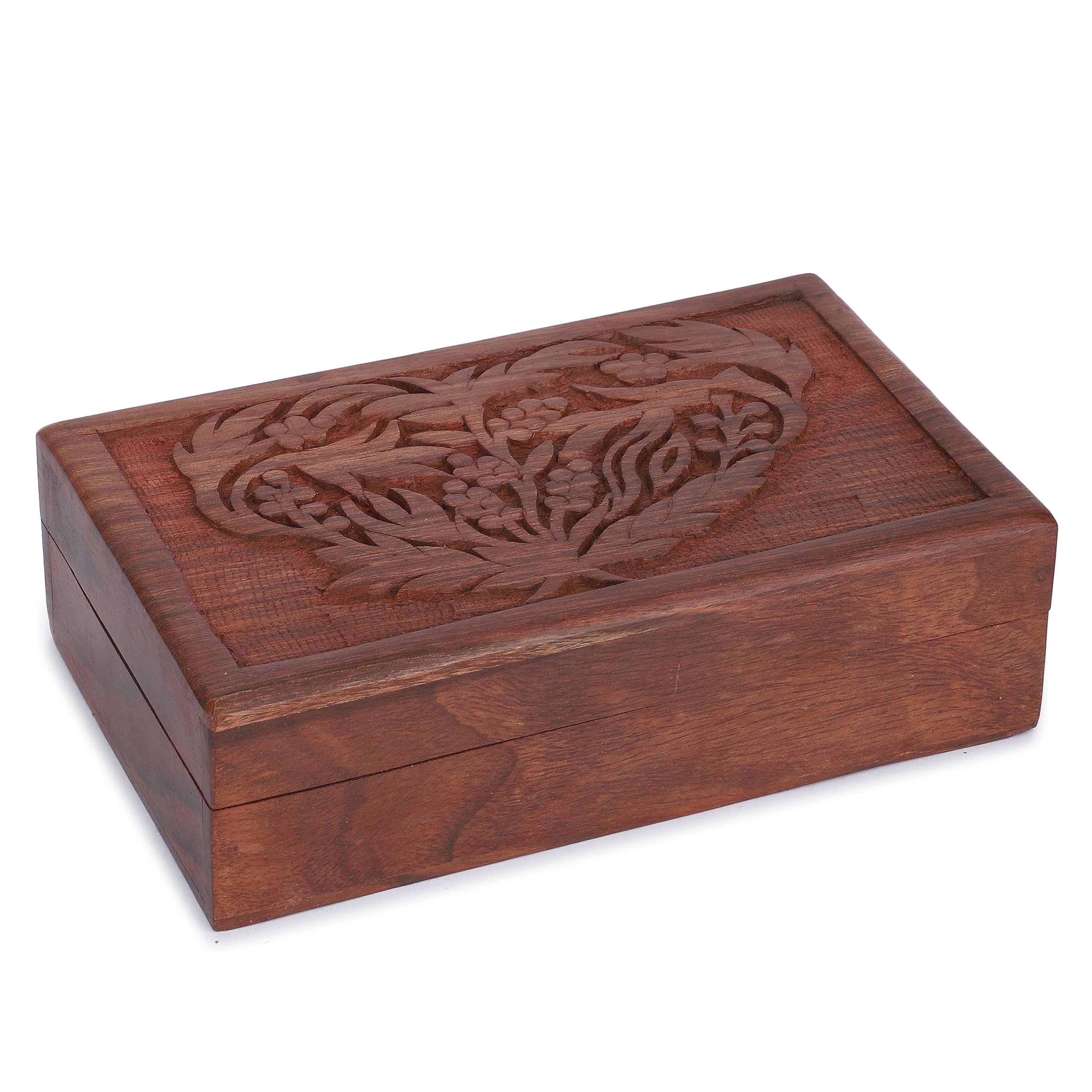 Ajuny Wooden Jewellery Storage Box 8 x 5 Inch Flower Leaf Carved Chest