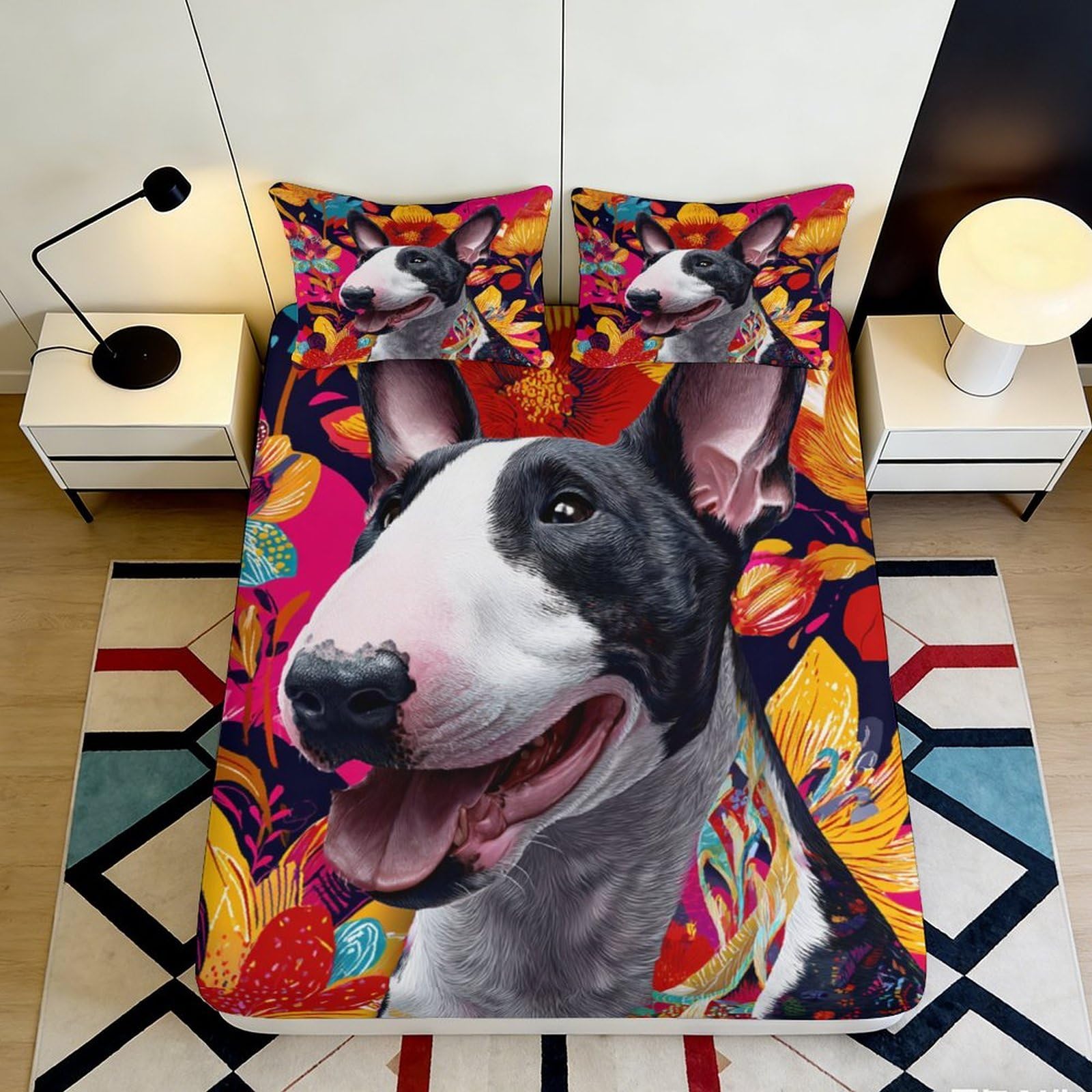 3D Printed Bull Terrier Fitted Sheet Microfiber Colourful Abstract Bed Cover Anti-Slip Decor for Bedroom Guestroom 90x200x25cm