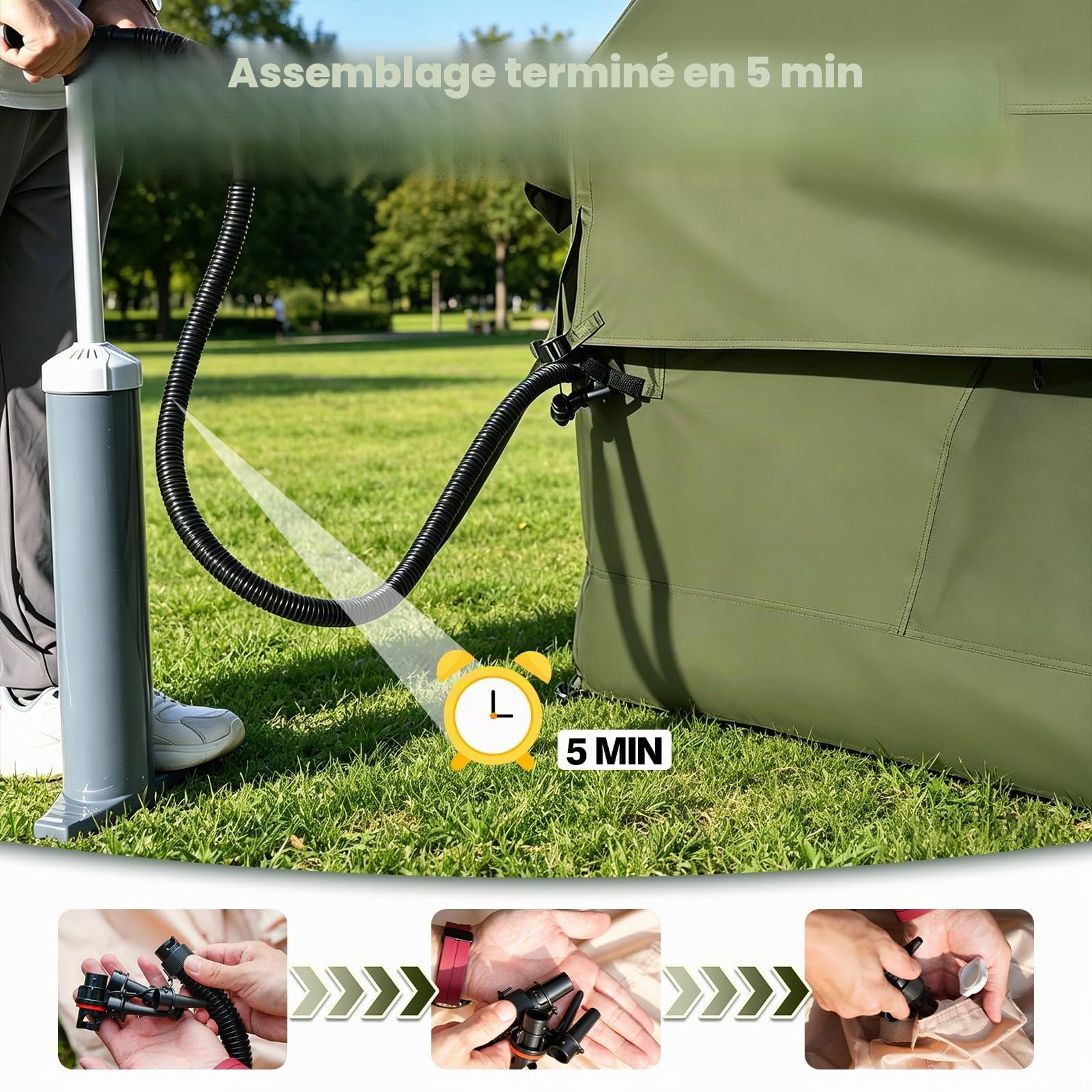 Tente de camping gonflable avec ouverture de cheminée et fenêtre de toit, tente d'extérieur pour 2 à 10 personnes, avec pompe à air, en tissu Oxford imperméable, pour 4 saisons, montage rapide