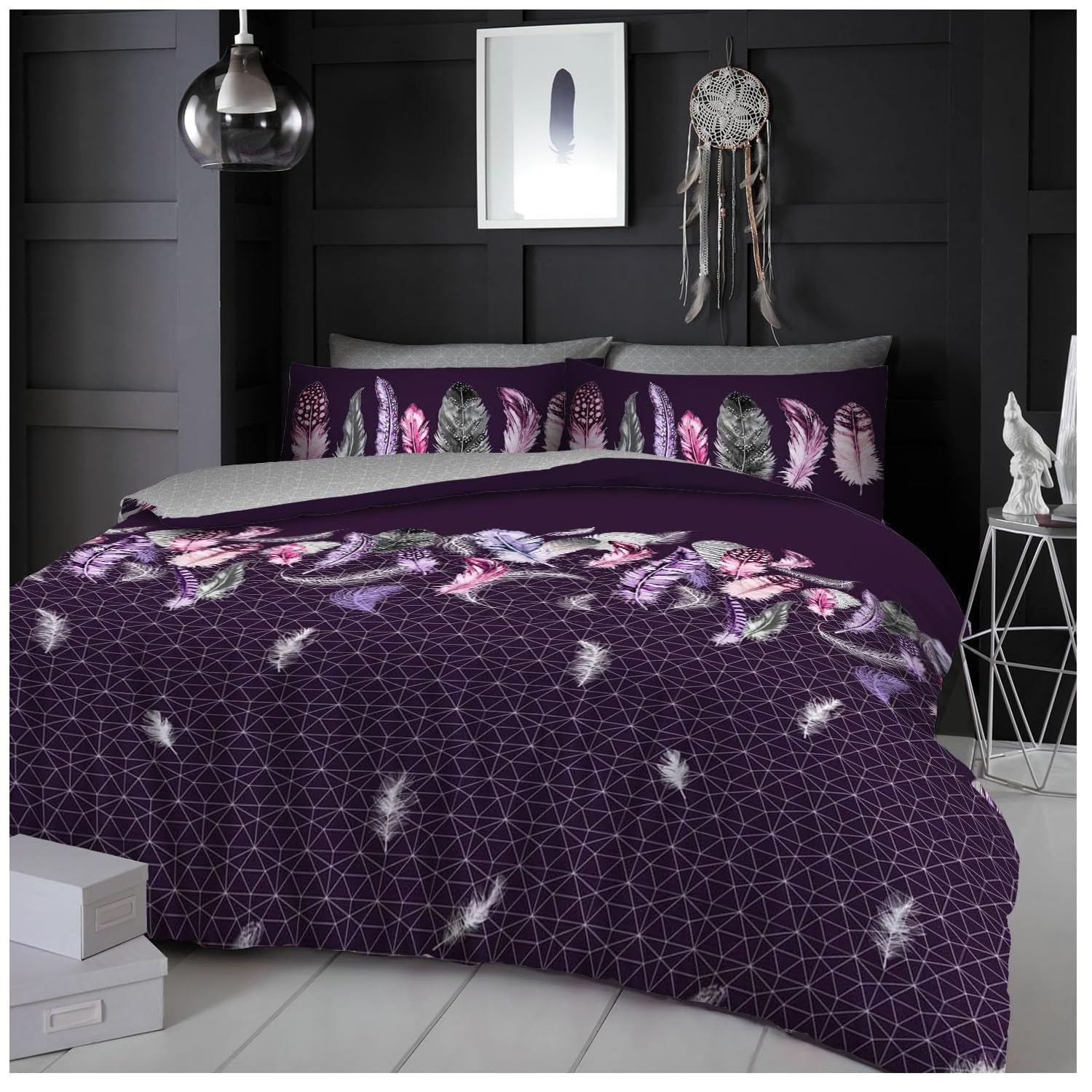 Gc Gaveno Cavailia Purple Luxurious Feather Super Kingsize Duvet Cover Sets, Easycare Geometric Bedding Set, Reversible Diamond Quilt Sets,