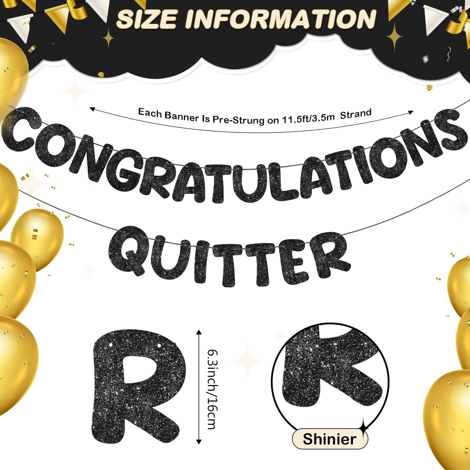 Fulmoon Pre Strung Congratulations Quitter Glitter Banner Funny Retirement Banner Graduation Party Decorations Going Away Supplies Garland for Men Women Gifts, No DIY(Black)