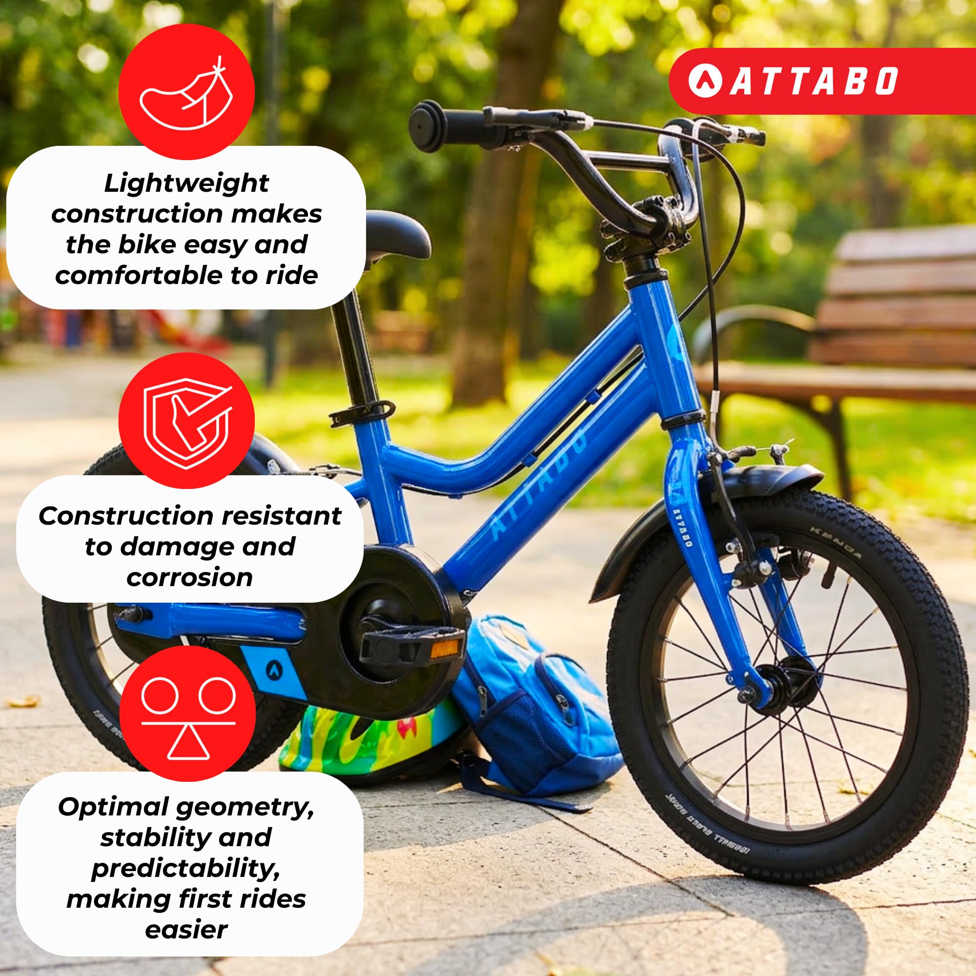 ATTABO Knack 14 - Bicicleta Infantil (2 – 5 años) con Marco de Aluminio Ligero (8 kg), Ruedas de 14 Pulgadas, Altura de 85 a 110 cm, soporta hasta 50 kg, Manillar ergonómico, Ideal para Primeros