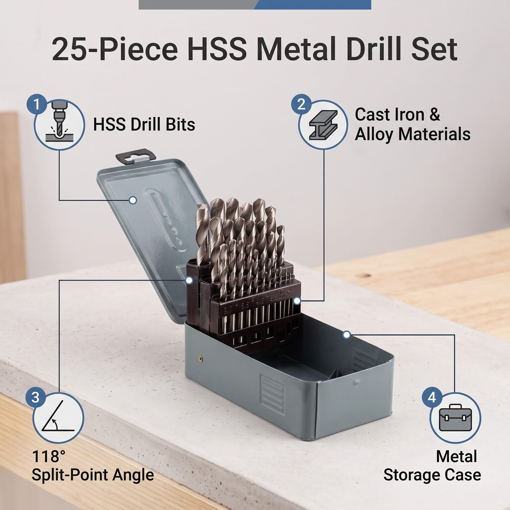 Set di Punte Trapano HSS Rivestito Elicoidali, 25 Pezzi, 1mm-13mm, per Metallo e Ghisa