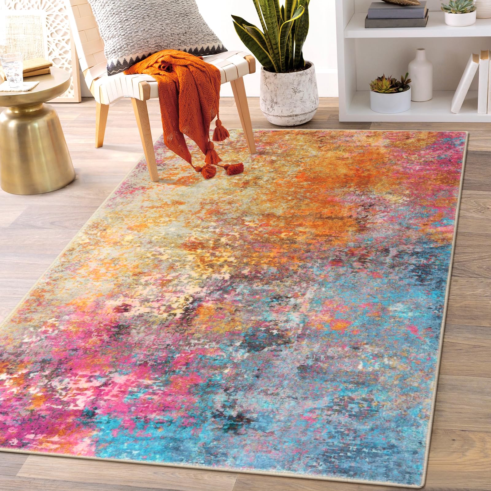 Lahome Modern Abstract Area Rug - 3x5 Washable Kitchen Rugs Colorful Bedroom Rug Non Slip Entryway Rugs, Rainbow Contemporary Indoor Floor Accent Carpet for Kitchen Sink Living Bathroom Doorway