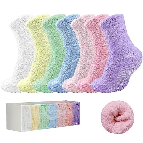 Bulinlulu Fuzzy Socks with Grips Plush Sleep Cozy Winter Soft Hospital Fluffy Socks Gifts for Womens Mens Gifts - Blue/Green/Yellow/Light Pinks/Pinks/White/Purple