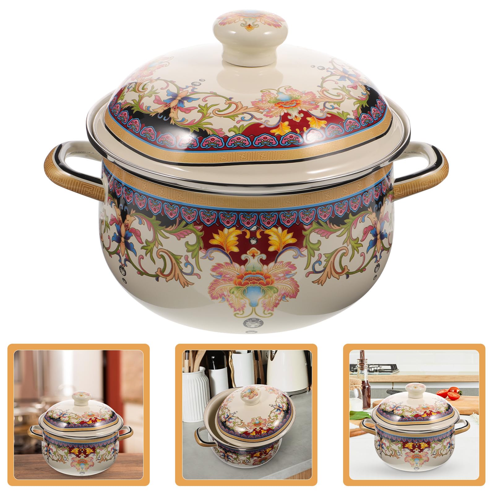 Vintage Emaille Kochtopf mit Deckel Dicker Suppentopf mit Doppeltem Griff Geeignet für Herdarten und Backofen Leicht zu Reinigen und Hitzebeständig
