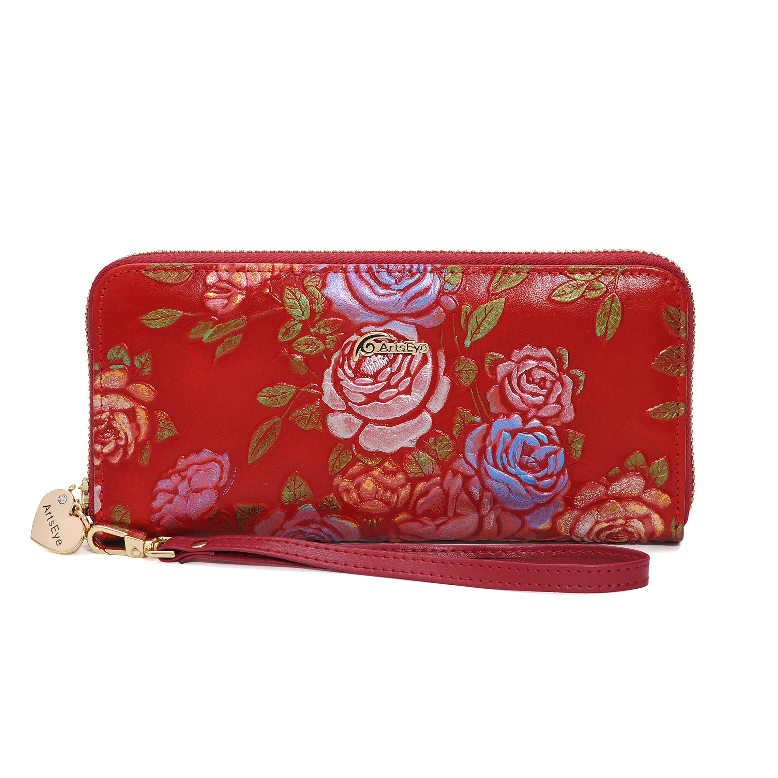 Rose Collection Roses Embossed Genuine Leather Zip Around Wallet (Luxury Roses)