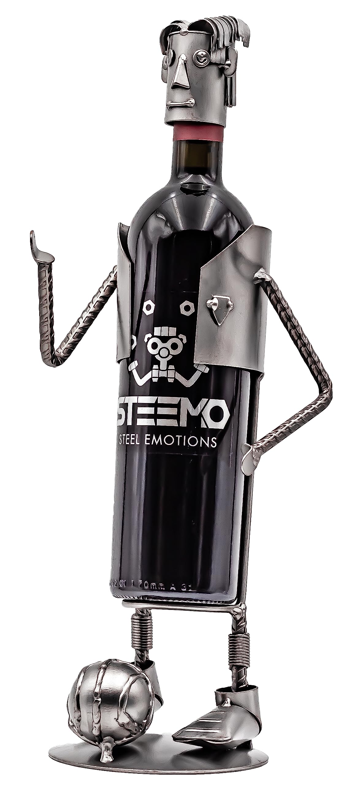 STEEMO Original Schraubenmännchen Weinflaschenhalter – Fußballspieler, Handgefertigter Flaschenständer aus Stahl, Nachhaltiges Geschenk für Sportfans, Kreative Wein-Deko, Grau