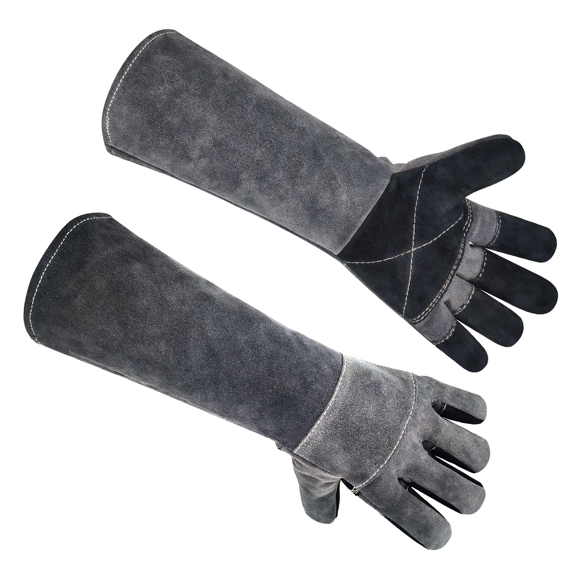 Guanti lunghi per saldatura in pelle resistente al calore e al fuoco per Mig, Tig, Stick, Forge, barbecue, caminetto (45 cm, grigio)