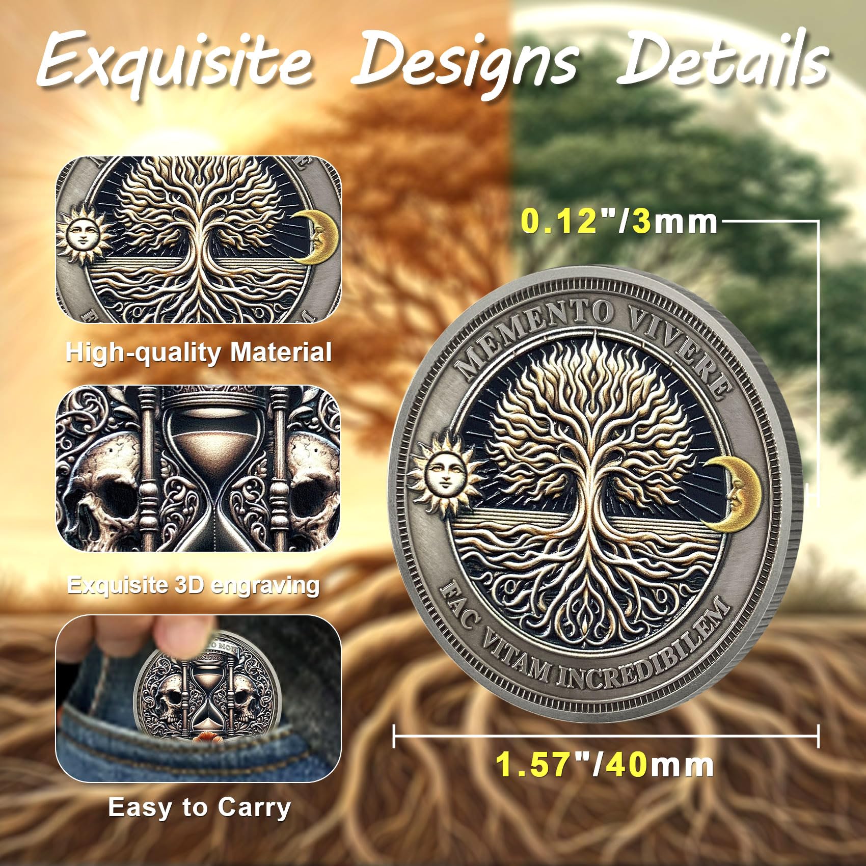 ACGZQY Memento Mori Coin, Skull Tree of Life Memento Vivere Coin Stoic EDC Challenge Coin for Daily Practice - Image 3