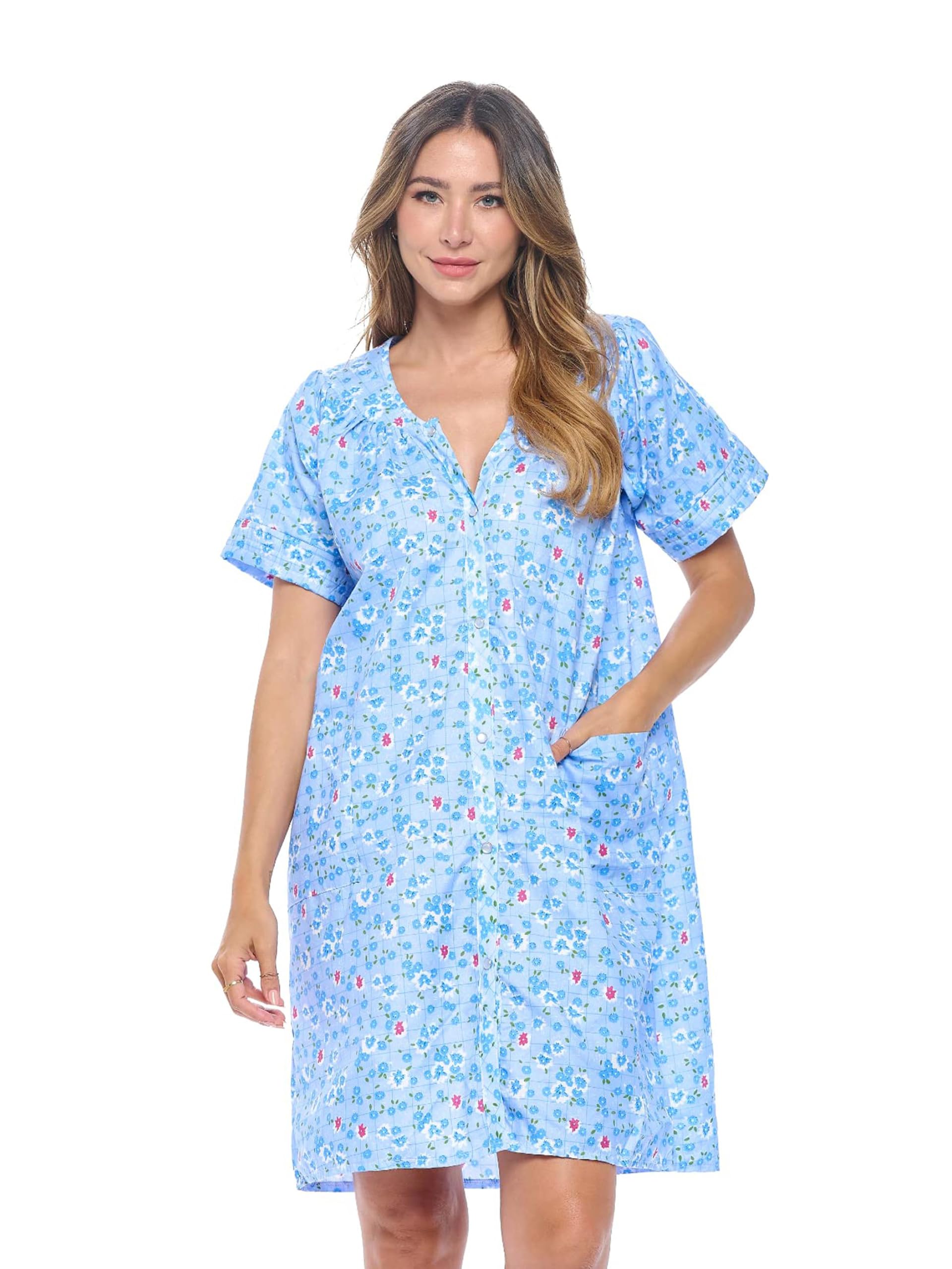 Casual Nights Women's Snap - Front House Dress Short Sleeve Woven Housecoat Duster Lounger Robe with Pockets