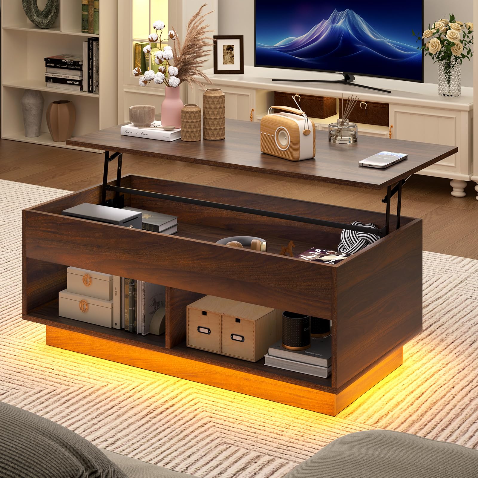 HOMMPA Modern Lift Top Coffee Table with Storage for Living Room LED Coffee Table Wodden Lift Tabletop Dining Table with Hidden Compartment and Metal