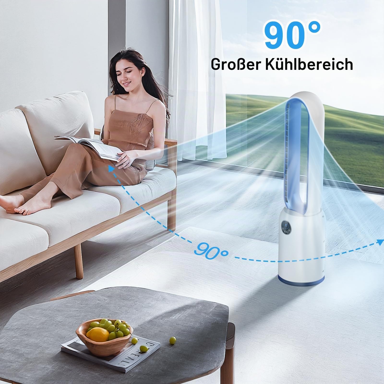 Turmventilator ohne Flügel 88cm – geräuschloser Standventilator mit 55W Motor, LED-Touchscreen & Fernbedienung, 12-Stunden-Timer, 90° oszillierend für Schlafzimmer & Büro (blau)