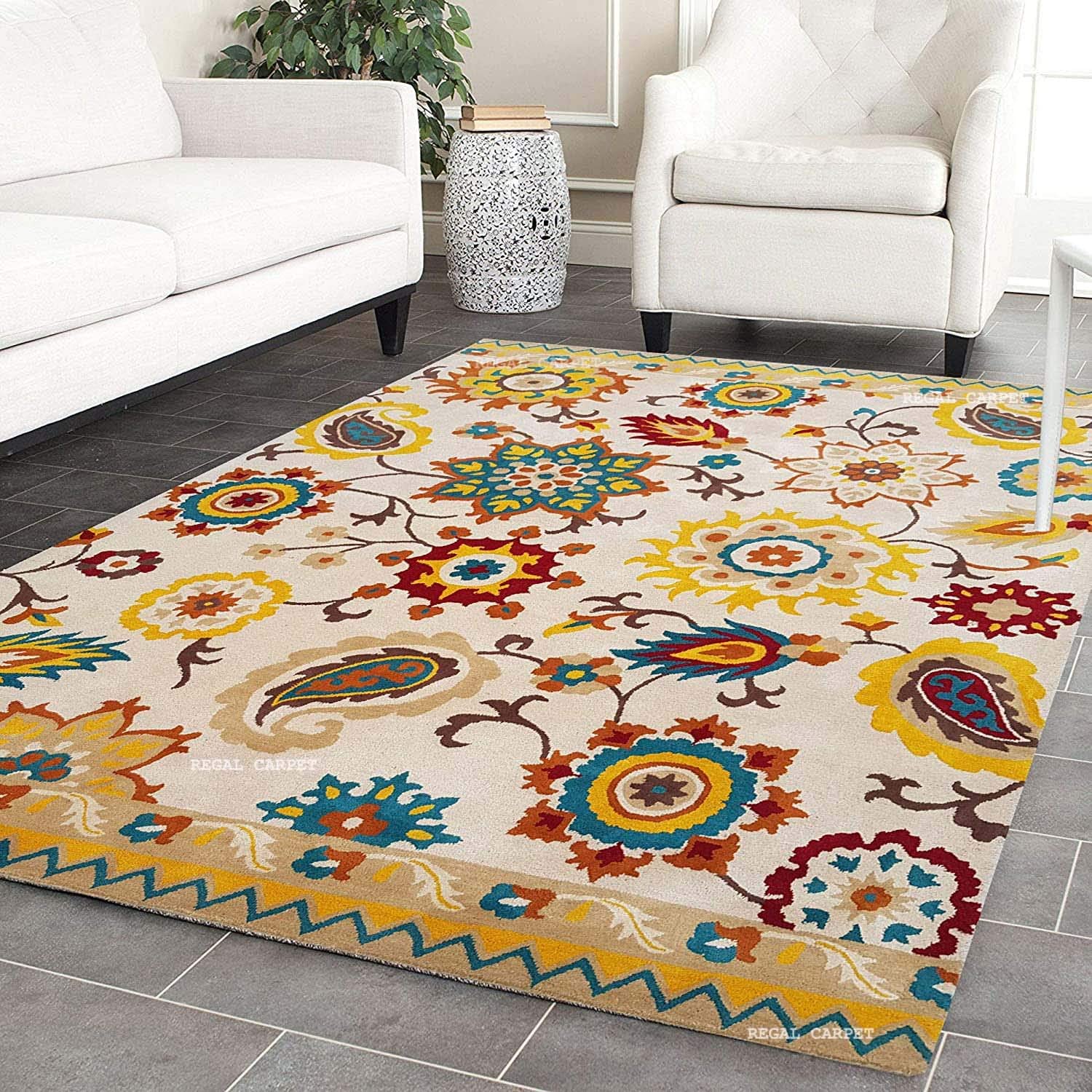 Khan Carpets Handmade Geometric and Modernd Handmade Tufted Woolen Carpet for Living Room Bedroom and Hall Size 4 x 6 Feet Color Multi