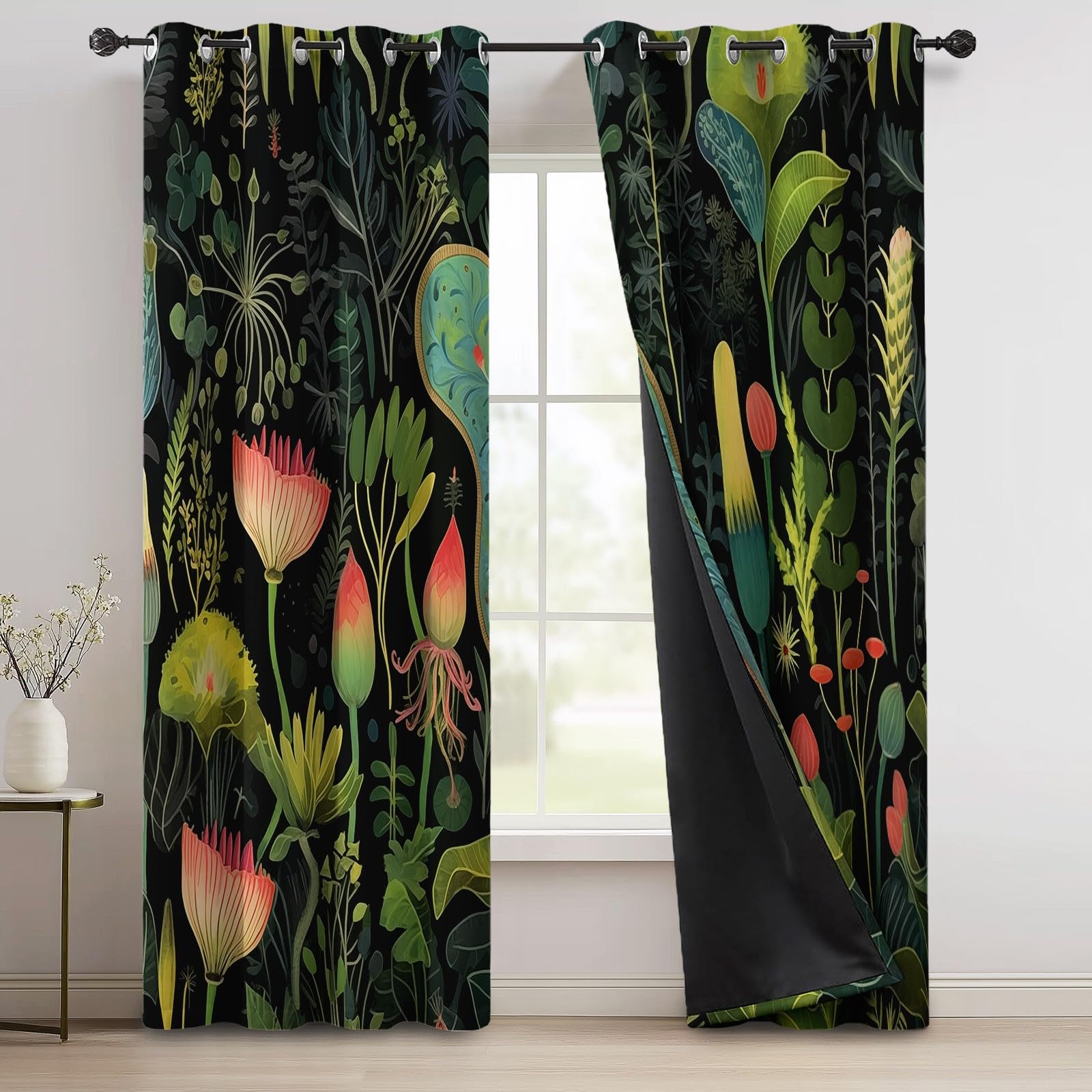 Rideaux Occultants pour Chambre Salon 140 L x 260 H cm (2 Panneaux), Fougères Tropicales Feuilles Imprimer Rideaux à œillets Opaques - Vert Foncé Double Rideau Isolant Anti-Bruit