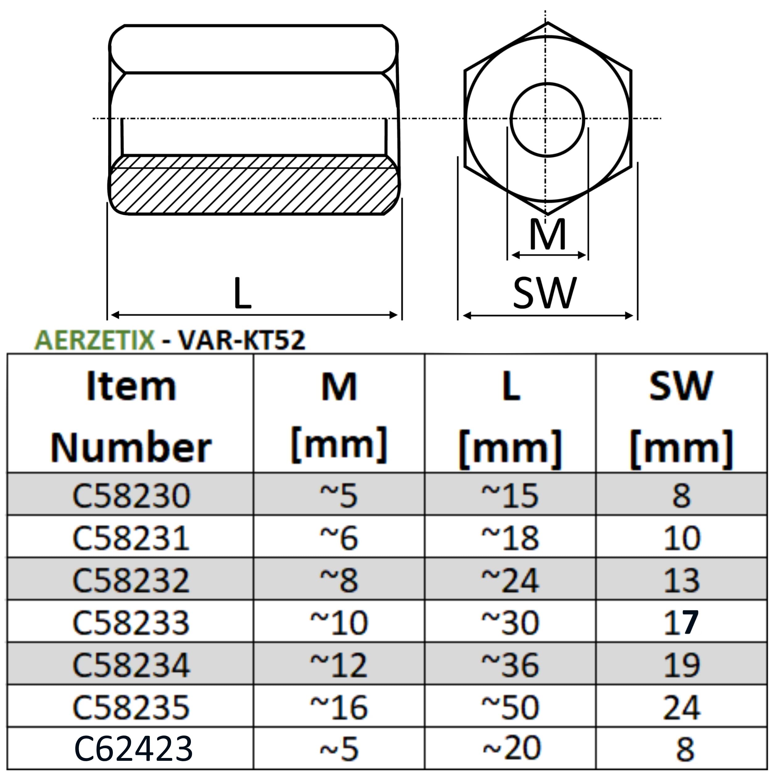 AERZETIX - C58235 - Set di 2 Dadi di accoppiamento esagonali allungati M16x50mm - dado di prolunga con filettatura metrica - in acciaio zincato