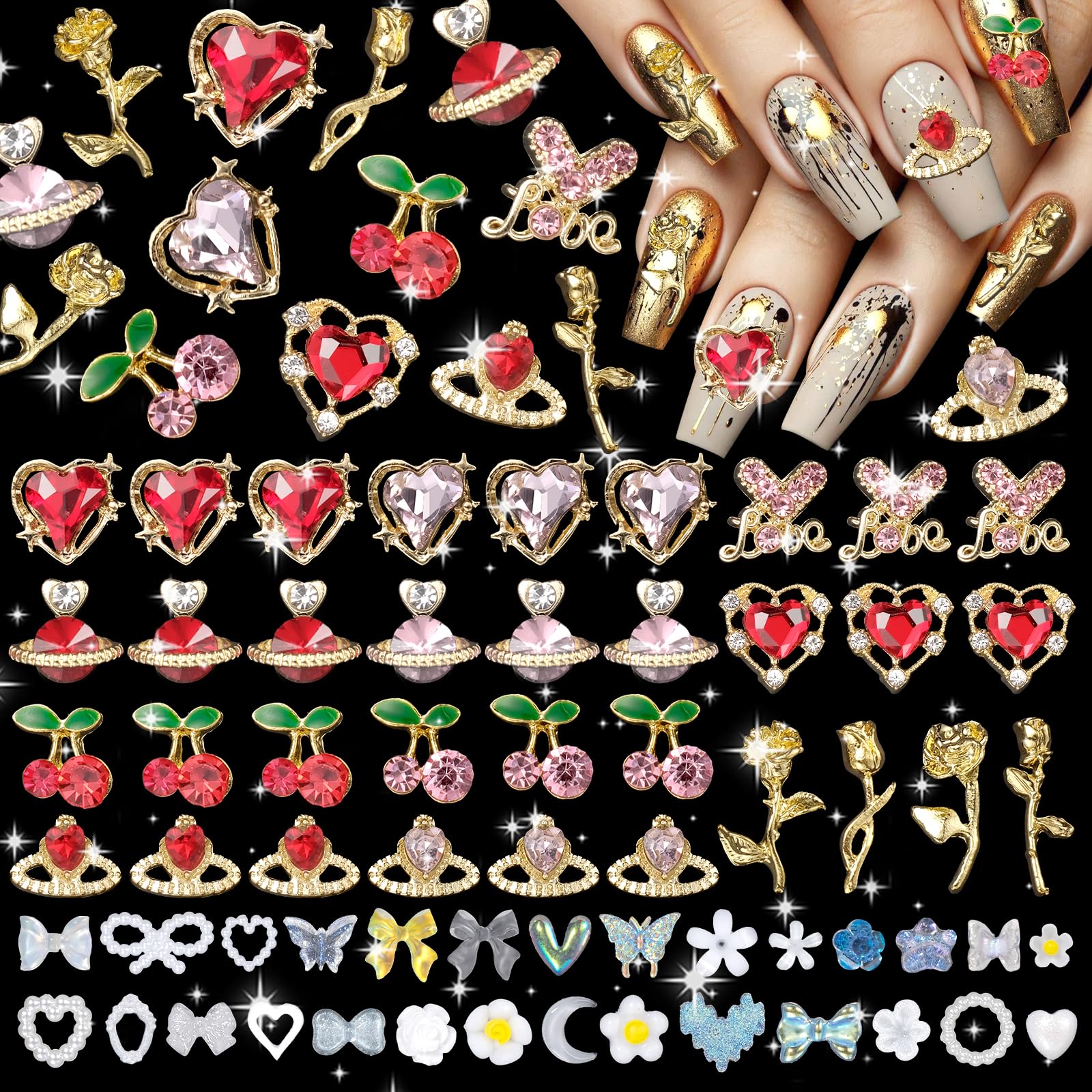 UOTEY 150 PCS 3D Heart Planet Nail Charms and Gems,14Styles Gold Cherry Crown Rose Flower Alloy Nail Rhinstones Charms, White Tiny Flower Bows Butterfly Pearl Heart Acrylic Charm for Nails DIY Decor
