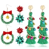 NVENF Christmas Earrings for Women Xmas Bow Wreath Earrings Long Tassel Christmas Tree Earrings Festive Gifts Holiday Accessory