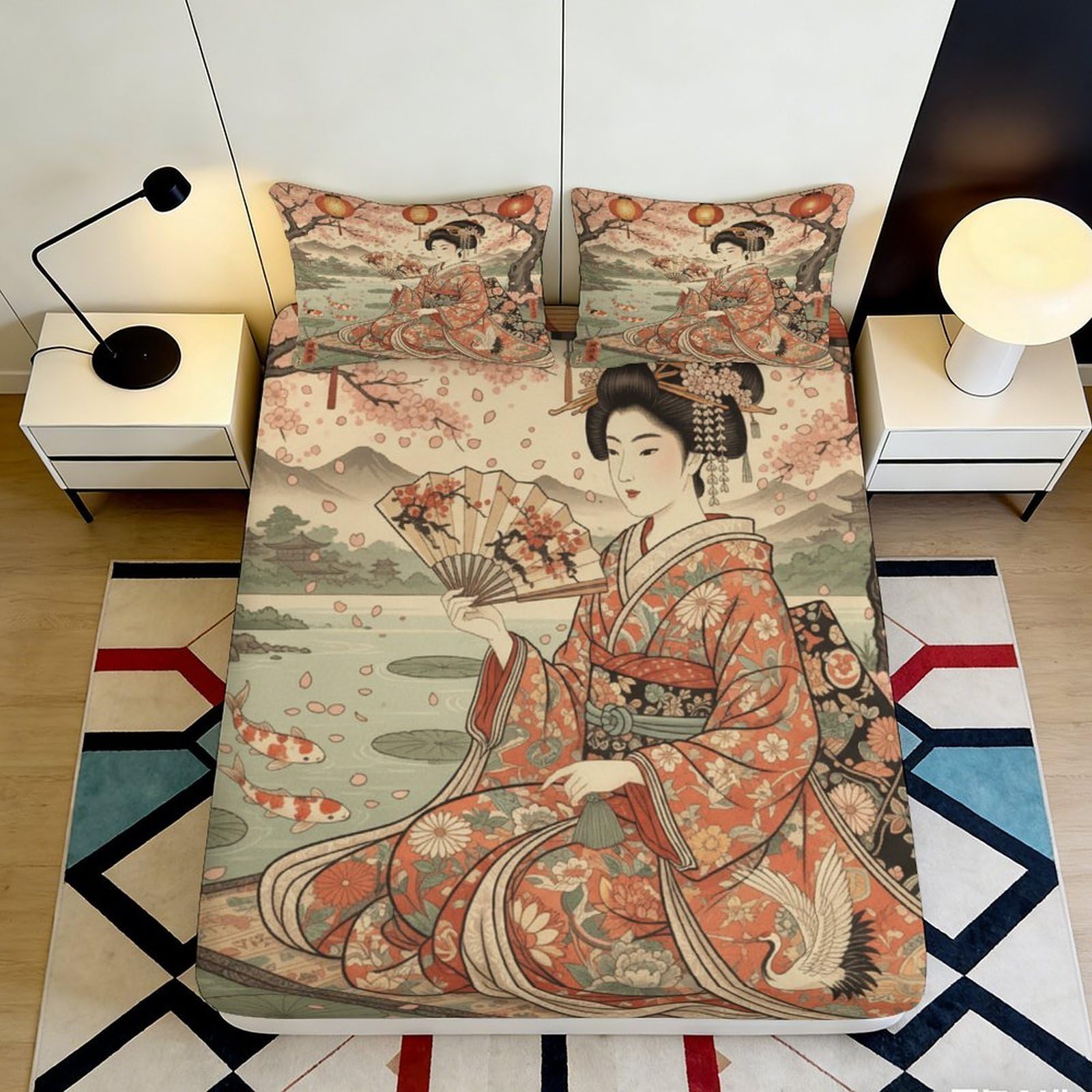 3D Printed Japanese Geisha Fitted Sheet Microfiber Soft Artistic Koi Fish Bed Cover for Bedroom Guest Room Decor 90x200x25cm