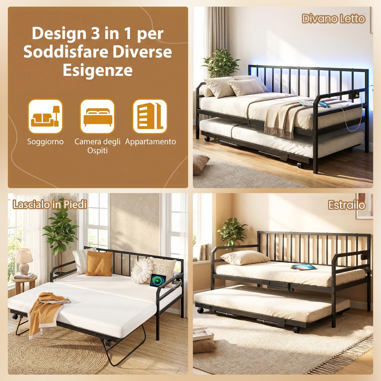 COSTWAY Letto Estraibile, Divano Letto Singolo con Luci LED e Stazione di Ricarica, Lettino Matrimoniale con Struttura in Metallo, 2 Pz 90x200 cm, per Soggiorno e Camera da Letto (Nero)