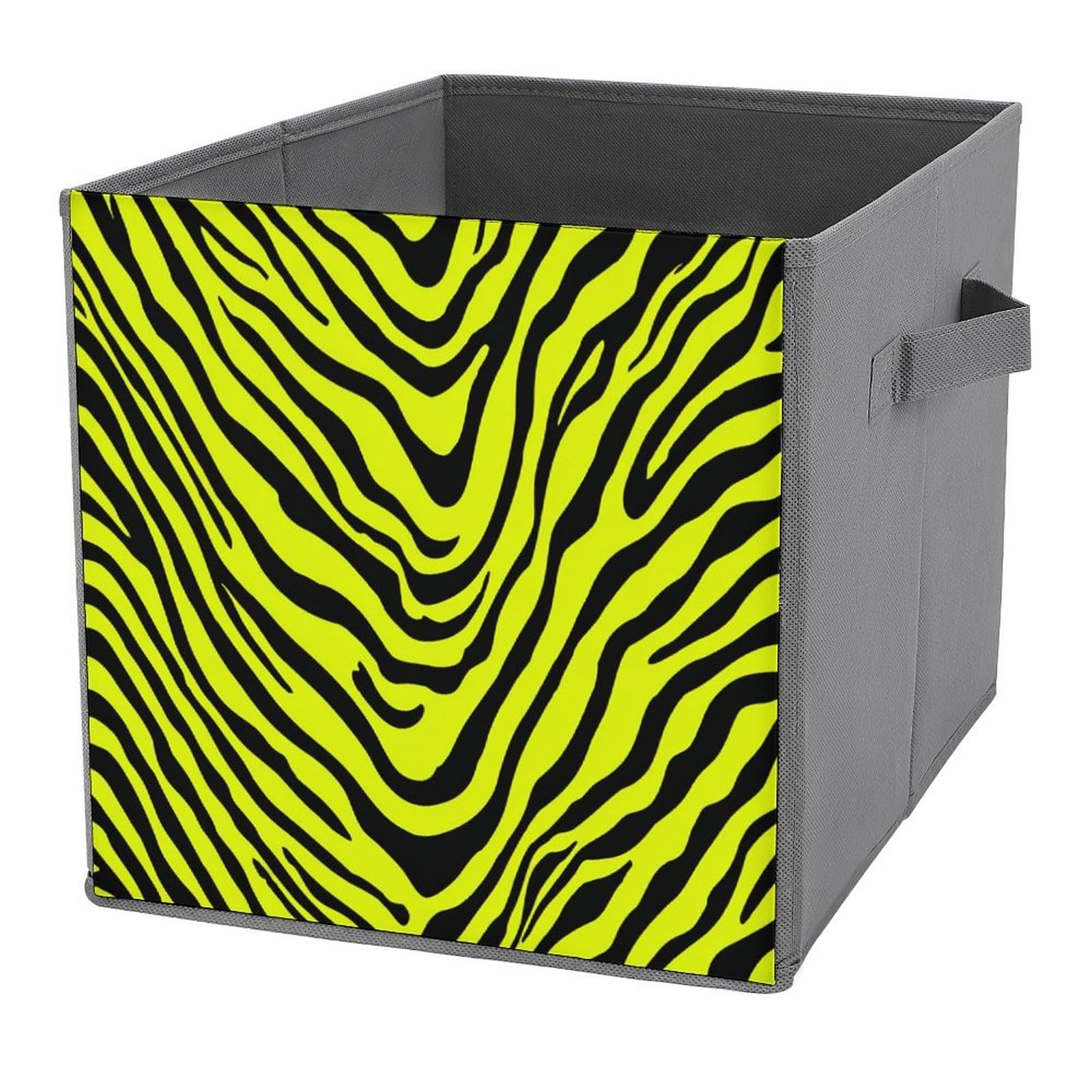Jubonexis Bright Lime Yellow with Black Zebra Stripes Cube Storage Bins Storage Cubes Foldable Decorative Fabric Storage Baskets Home Organizers with Handles for Shelves,Closet, 27x27 CM