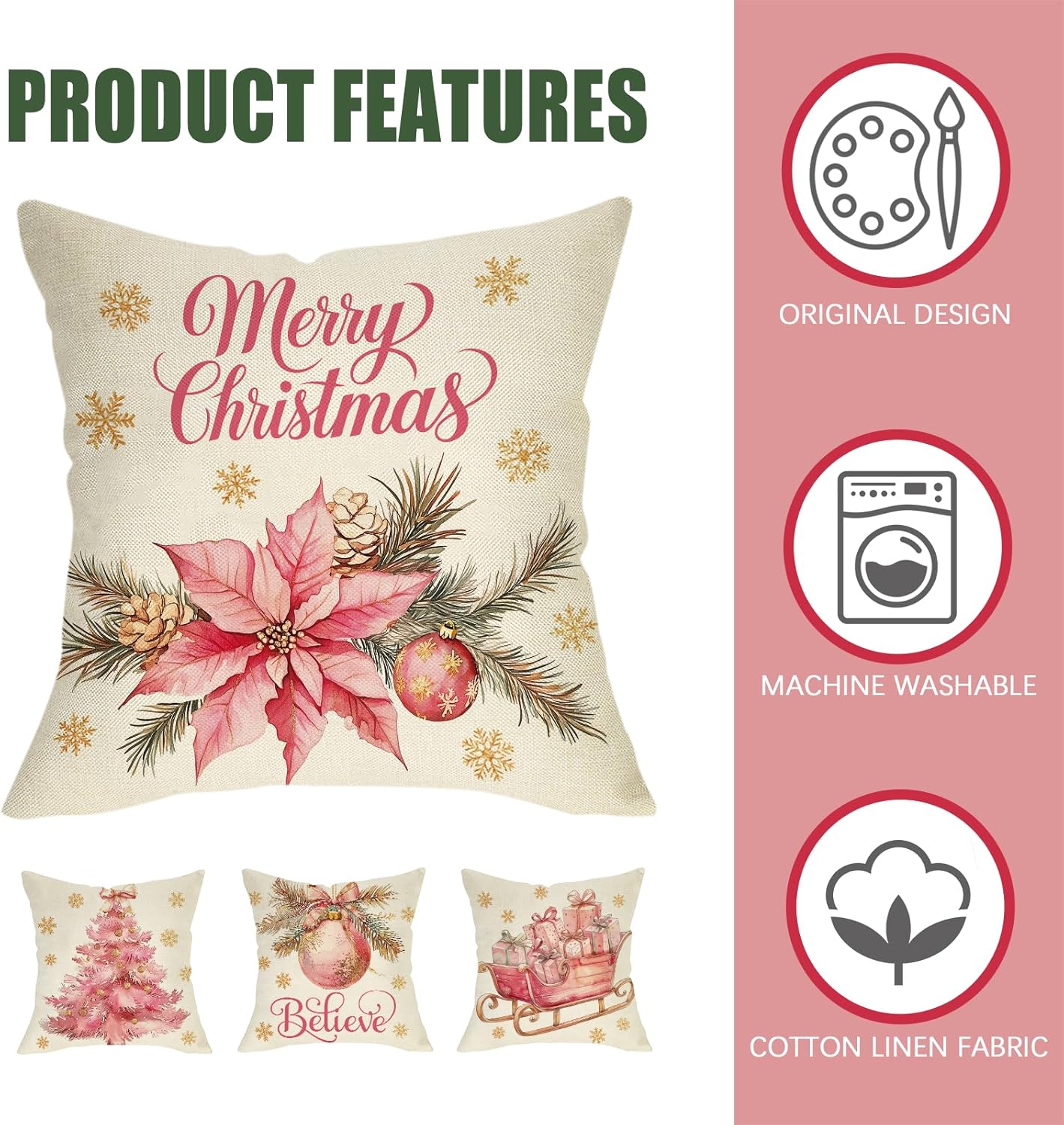 Fahrendom Merry Christmas Pink Decorative Throw Pillow Covers 18 x 18 Set of 4, Xmas Tree Poinsettia Sleigh Ball Bright Outdoor Pillowcase, Winter Sofa Couch Cushion Case Home Decor - Image 4