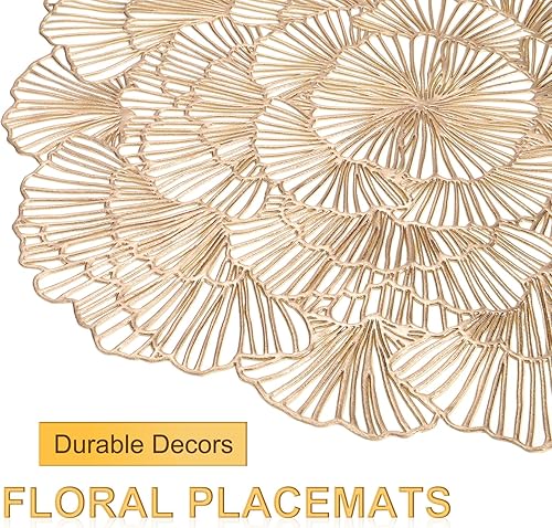 Miniatura 4 de uxcell Juego de 6 manteles individuales redondos de flores doradas para mesas de cena, manteles individuales metálicos de polivinilo prensado,