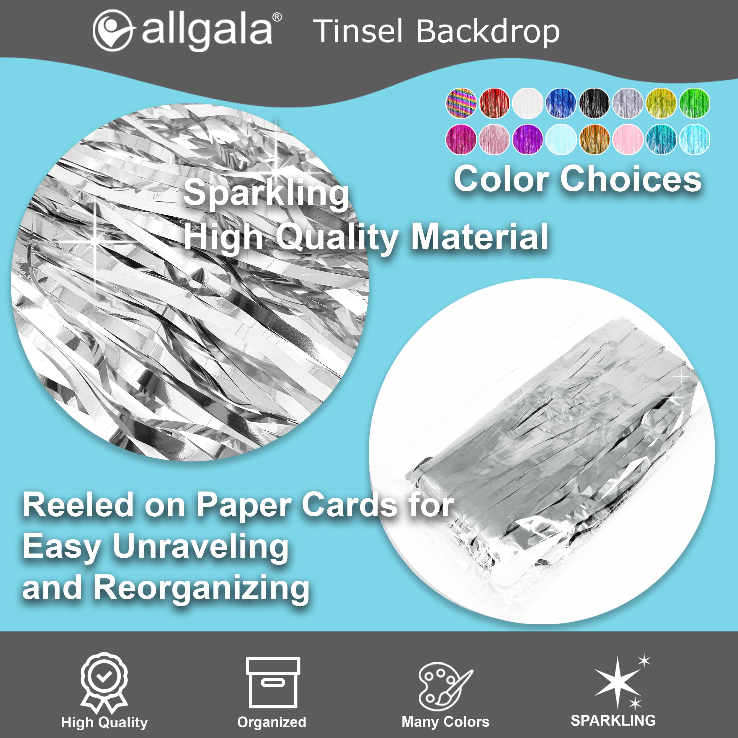 Allgala 4 Pack Silver Metalic Tinsel Party Photo Backdrop Curtain 3.3x6.6 FT (1x2M) Photo Booth Background Curtains Door Fringe Décor Party Streamer for Birthday Graduation New Year Eve