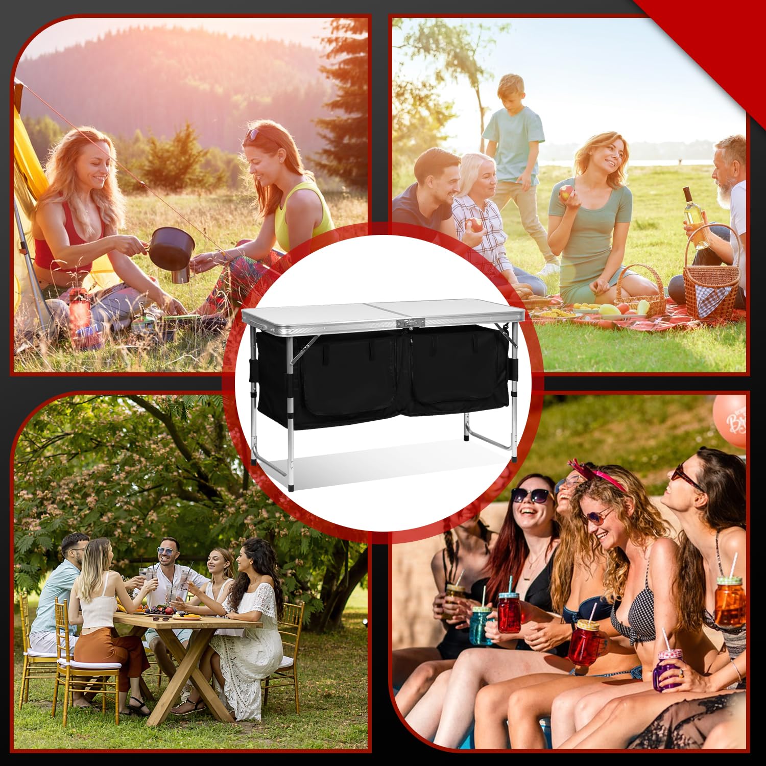 Cuisine de camping - Armoire de camping avec structure en aluminium - Pliable - Avec plan de travail résistant à la chaleur - Hauteur réglable - Pour le camping et l'extérieur - Sac de
