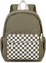 Kids Backpacks 14.6in Canvas Backpack for School, Ideal for Preschooler & Big Children Aged 4 to 8, Army Green Checkered