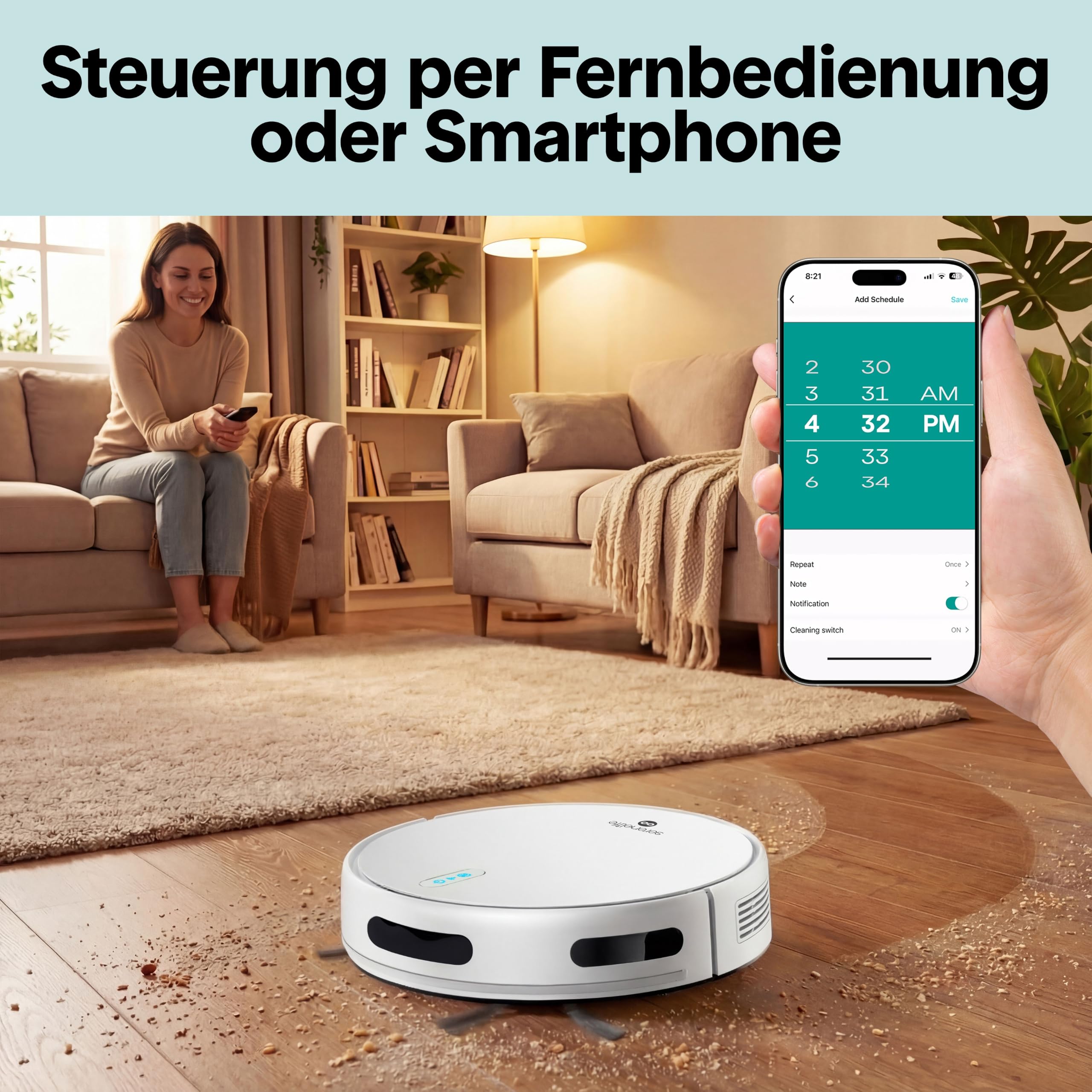 SereneLife Saugroboter mit Wischfunktion, 2 in 1 Staubsauger Roboter, 3000pa Saugkraft, WLAN, Schlank & Geräuscharm mit Absturzsensoren, Selbstaufladend für Tierhaare, Weiche/Harte Böden, 140Mins Max