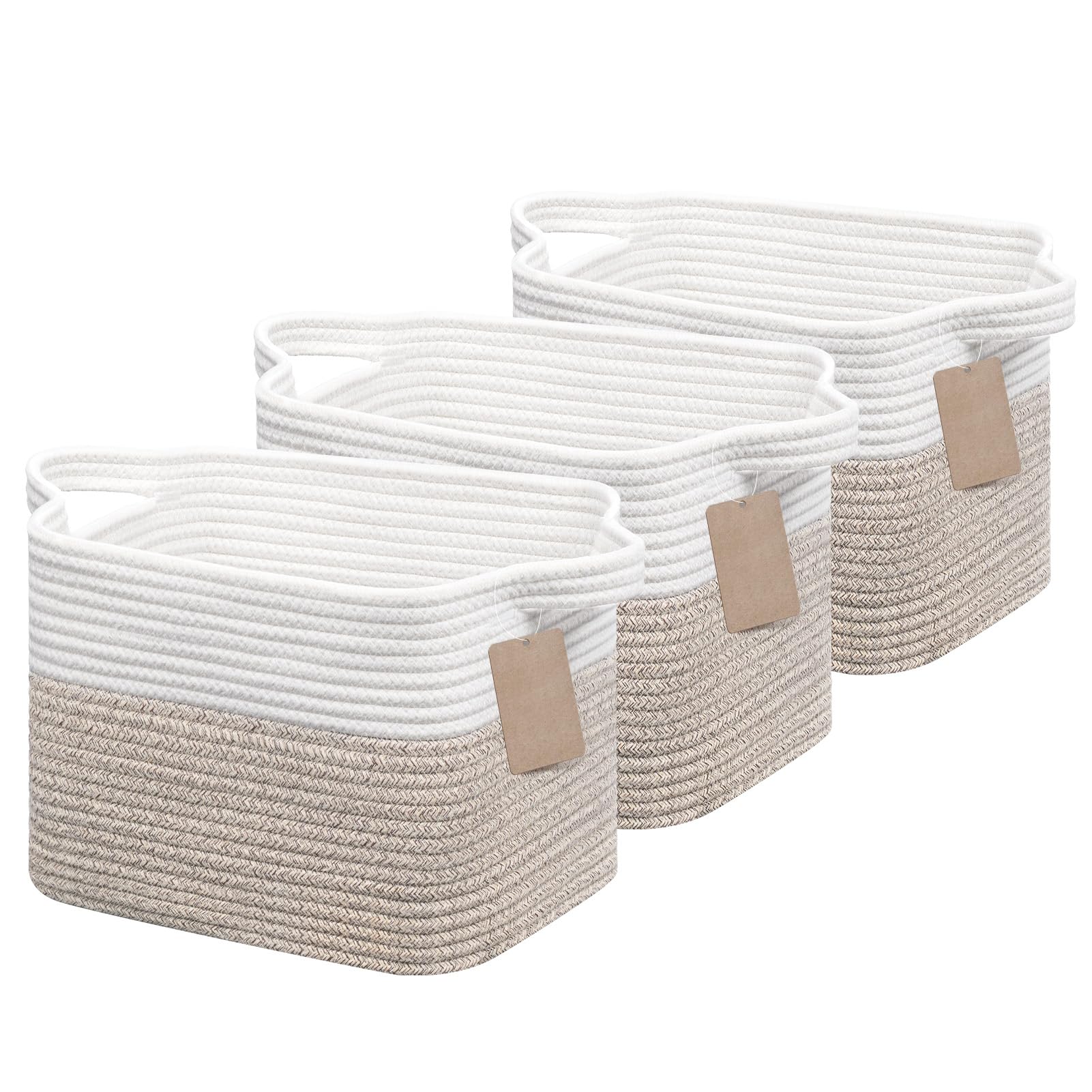 JOJOSEE Small Woven Storage Basket, Cotton Rope Basket for Shelves, Square Shelf Baskets for Home Bathroom Closet Organizer 33x25x22.5cm (White&Brown,3PCS)