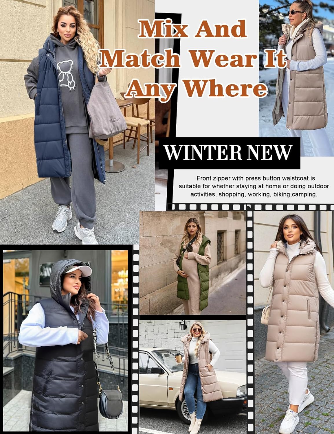 Plus Size Long Puffer Vest Women Winter Sleeveless Puffy Jacket with Hood Zip Up Quilted Vest 2025 - Image 5