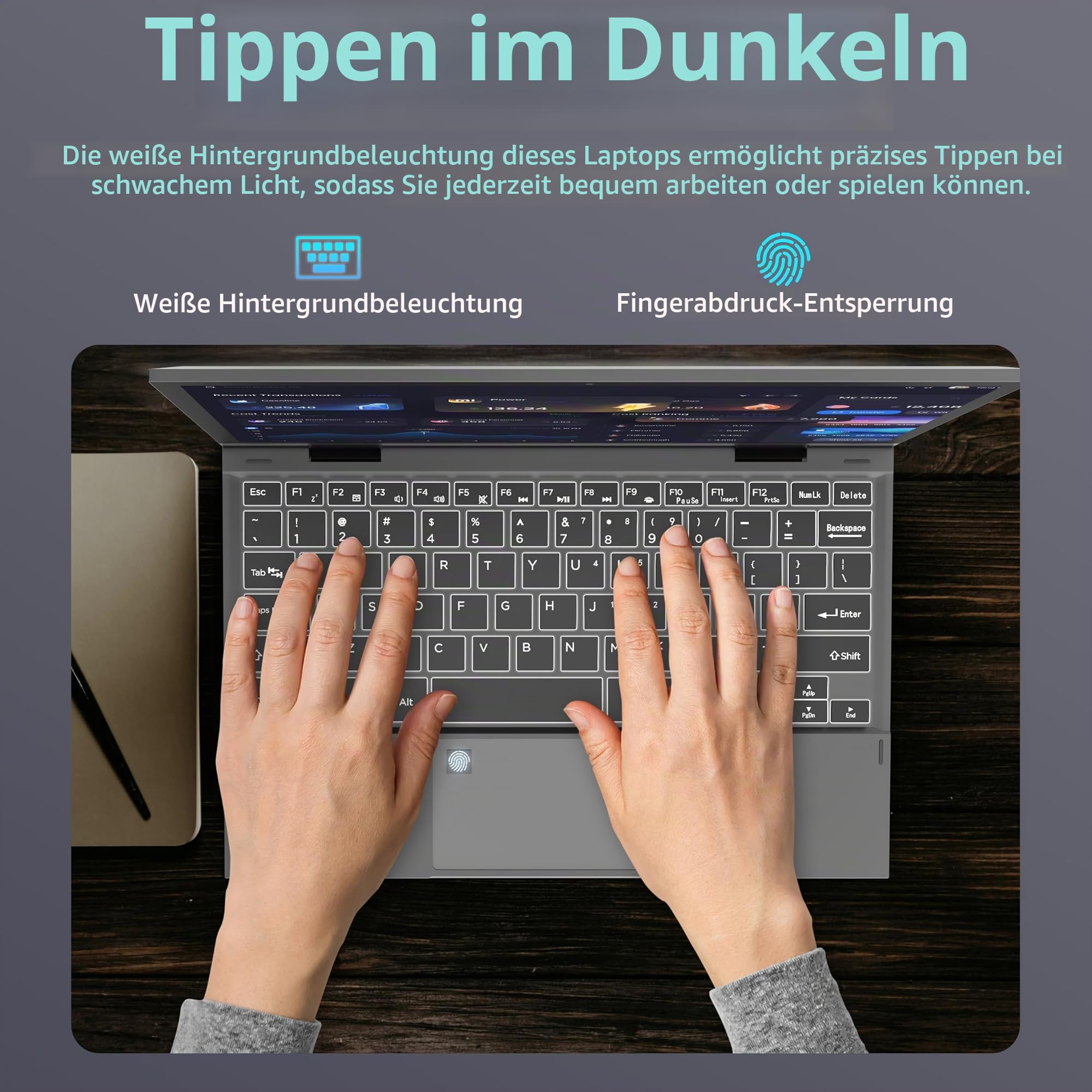 Amita 11 Zoll 2-in-1 Laptop mit Touchscreen, 360° Convertible Notebook, 16 GB RAM, M.2 SSD, FHD 2000x1200 Display, Hintergrundbeleuchtete TypeC, WiFi/BT(16GB RAM+1TB SSD)