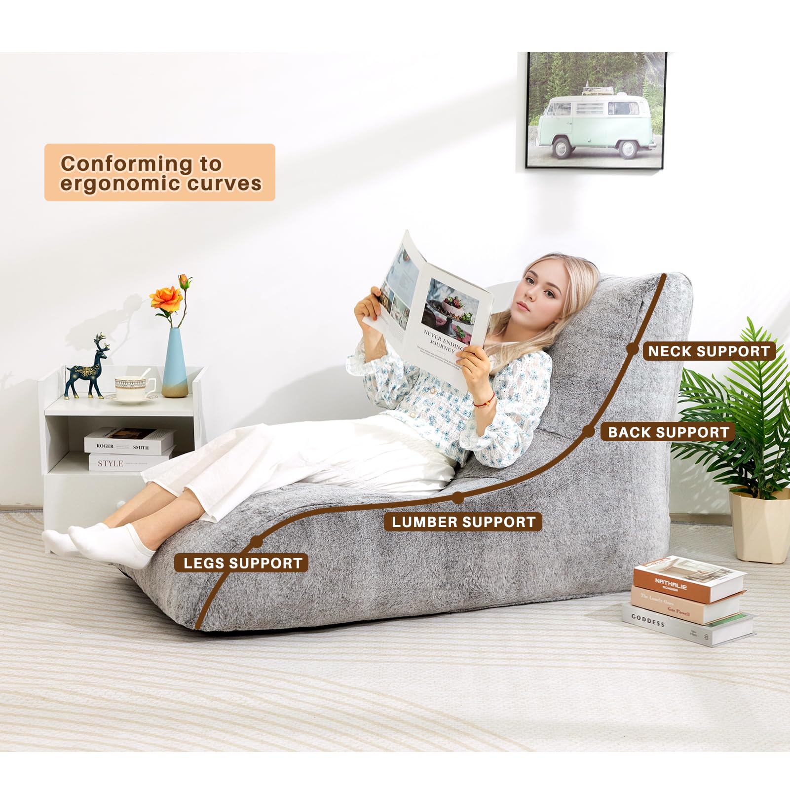 HollyHOME Accent Furry Bean Bag Chair, Extra-Large Zero-Gravity Chaise Lounge Chair for Adults, 30LB Memory Foam Bean Bag Sofa, Reading Lazy Chair for Living Room, Bedroom, Coffee