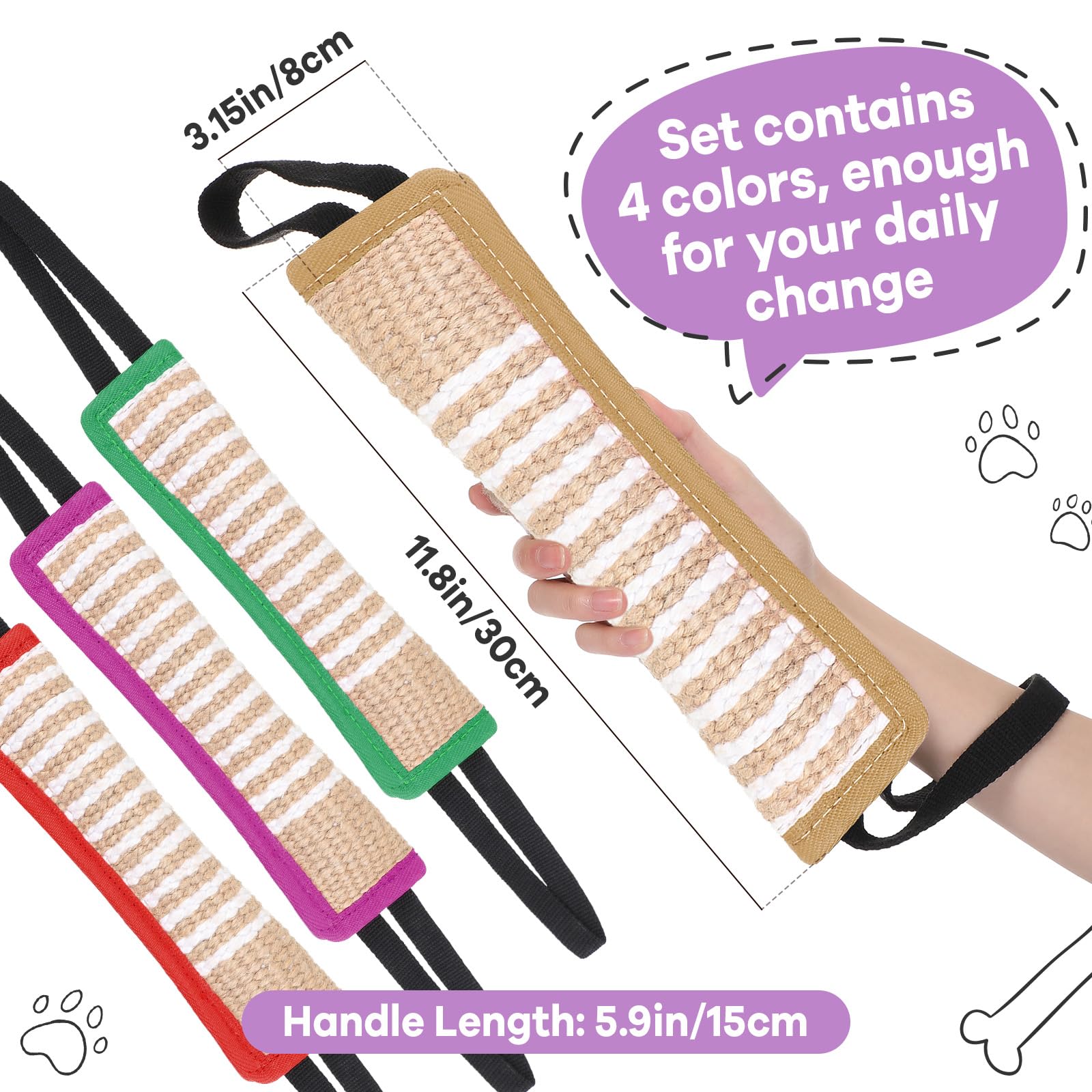 Kacctyen 4pc Dog Toy - Jute Tug Rope with 2 Handles - Perfect for Small to Large Dogs - Interactive Training & Play - Purple, Green, Earthy Yellow, Red