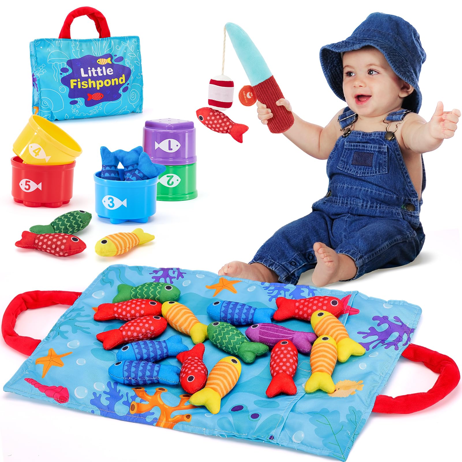 hahaland Toddler Toys Montessori Toys for 1 Year Old Boy Girl Birthday Gift - 10 in 1 Cloth Fishing Game Christmas Toddler Gifts 1-3 with Stacking Cups - Number Counting, Color Sorting LearningGlobal Recycled StandardGlobal Recycled StandardGlobal Recycled Standard