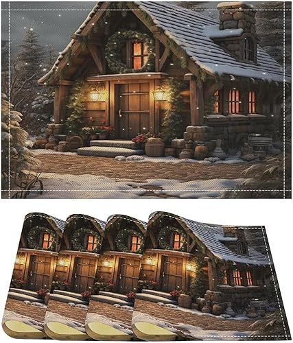 Juego de 4 manteles individuales rústicos de Navidad, cabaña de bosque, de algodón, lino, rústico, cabaña, campaña, naturaleza, vida silvestre,