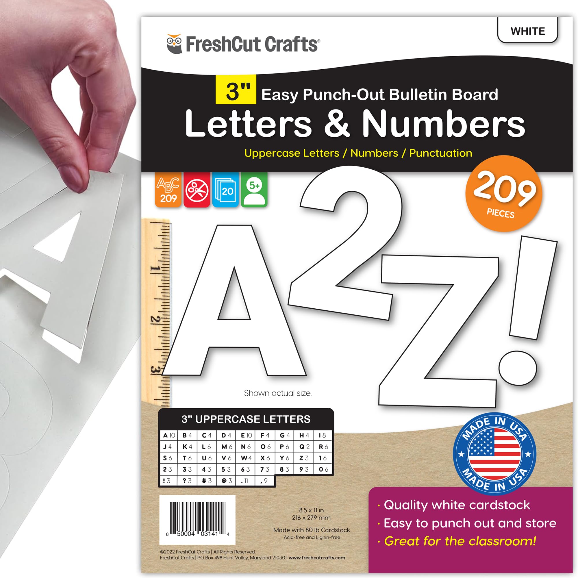 FreshCut Crafts | Bulletin Board Letters & Numbers, White 3 in. Capital Alphabet Letters, Numbers, Punctuation, US Made Card Stock Punch Out Letters for Posters, Bulletin Boards, Classroom (209 pc)