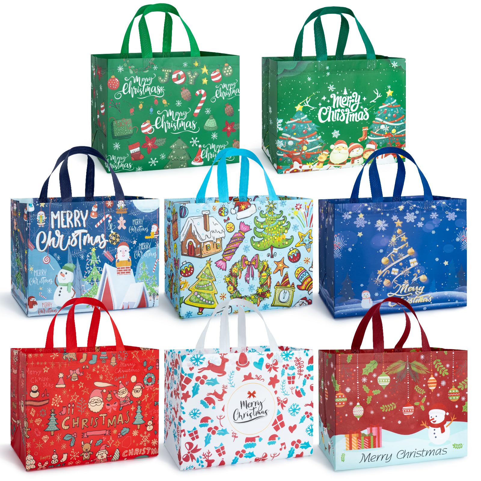 Iioscre 8 PCS Large Christmas Gift Bags With Handles, Non Woven Reusable Holiday Treat Bags for Gifts, 12.8 x 9.8 x 6.7in