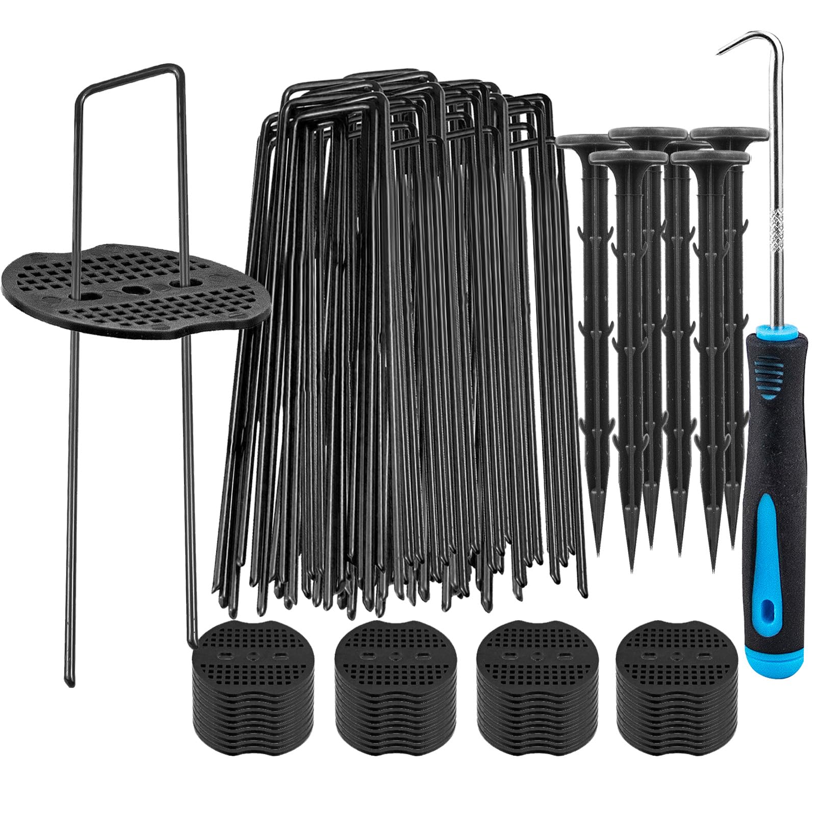 COONE Poli da giardino a forma di U + 10 picchetti da giardino in plastica da 10,9 cm + 20 rondelle tampone + 1 gancio per grimaldelli, graffette da giardino in metallo per bordi paesaggistici