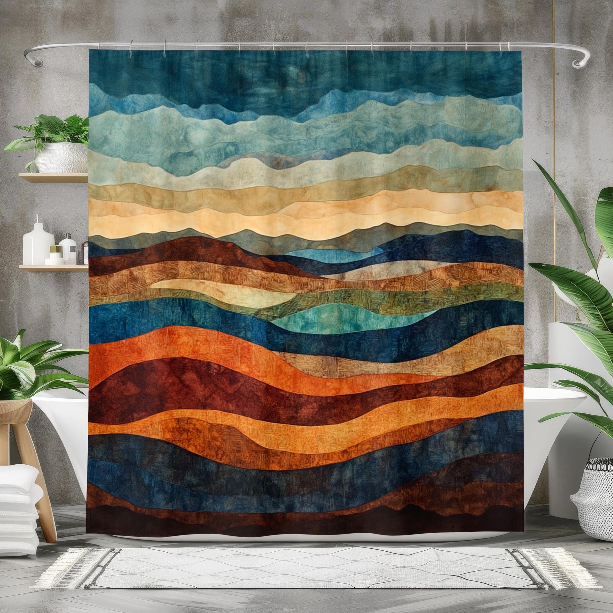 Rideau de douche abstrait bleu et orange en tissu imperméable de grand format 183x244 cm
