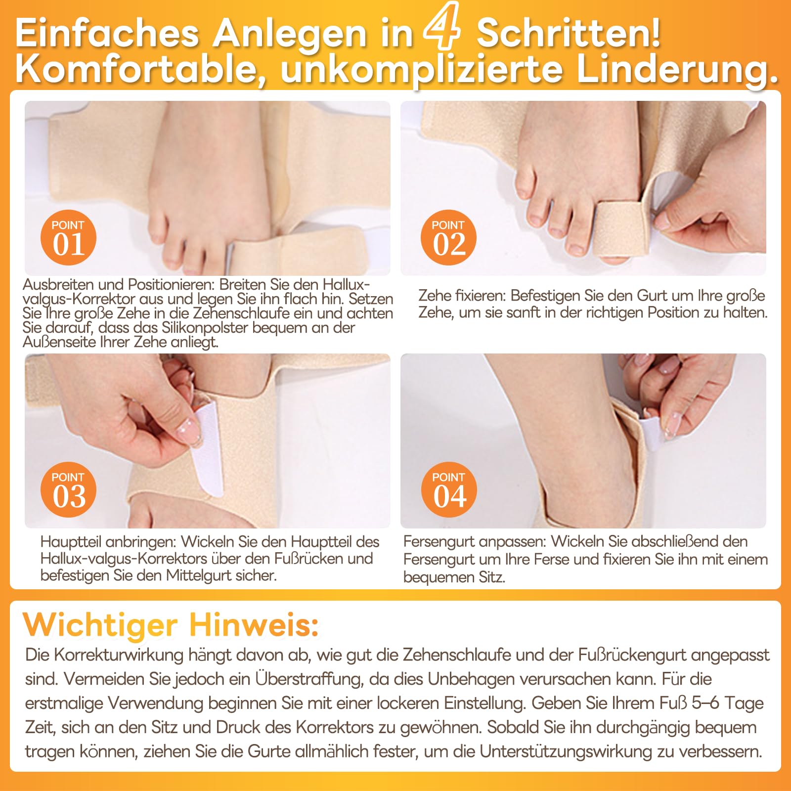 InhwRior Hallux-valgus-Korrektor mit 4 flexiblen rostfreien Stahlstreifen (je 2 pro Seite), ​​Silikonschutzkissen zur Polsterung, ​​schmerzfreie Verbesserung des Fußzustands, ​waschbar