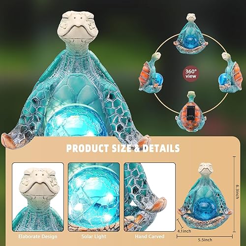 Miniatura 9 de Estatuas solares de decoración de jardín de 6.3 pulgadas, figuras de tortuga marina de resina con bola de vidrio con postura de yoga, decoración de