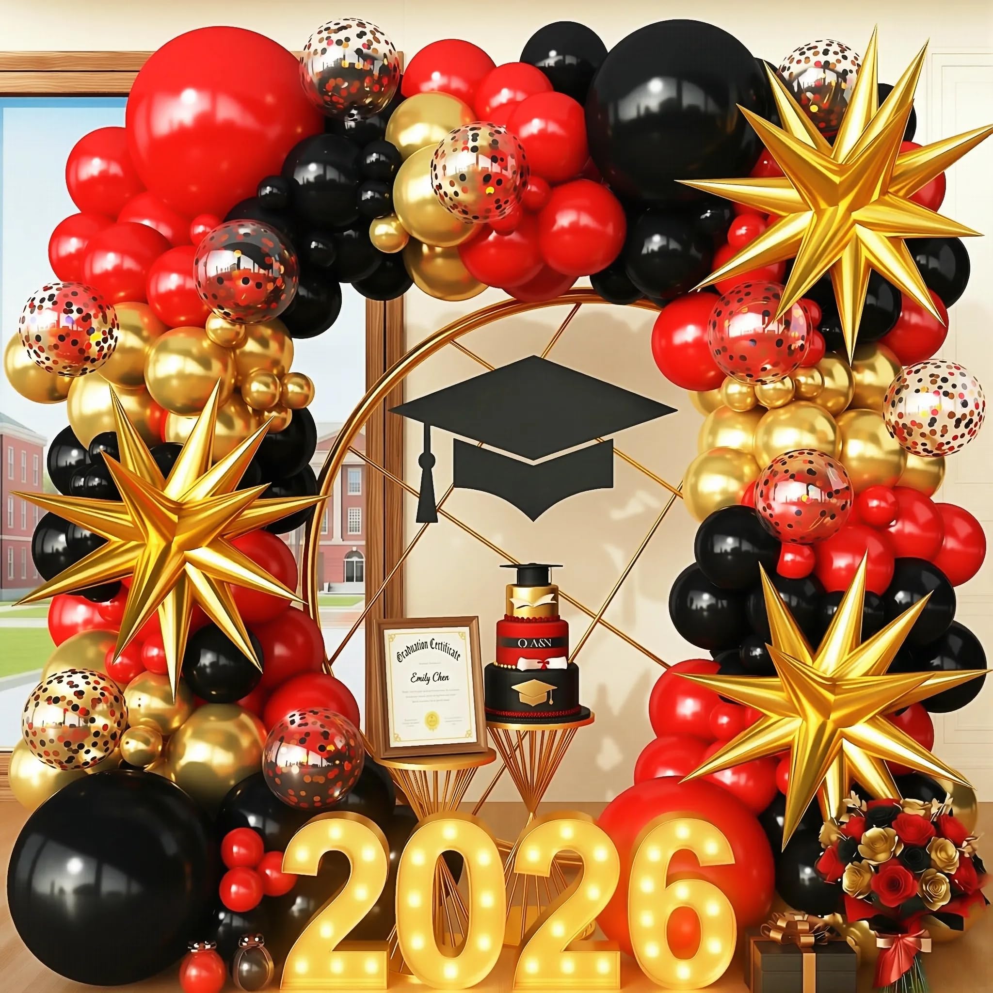 FYUVH Red Gold Black Balloons Arch Kit Garland for Birthday Party 2026 Graduation Decorations Red Carpet Casino Theme Anniversary Party Decorations