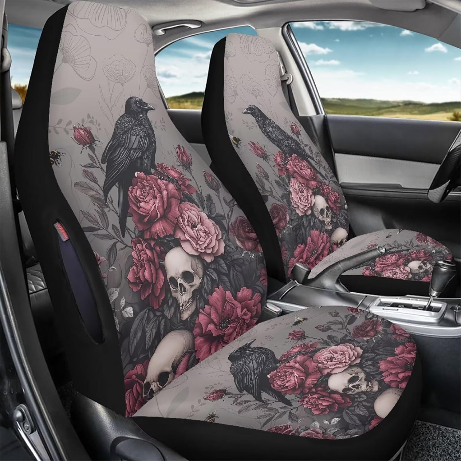 Bulopur Crows and Rose Automotive Seat Covers Front Seats Side Airbag Compatible Car Seat Covers for SUV Truck Van Sedans Halloween Car Interior Accessories Decor