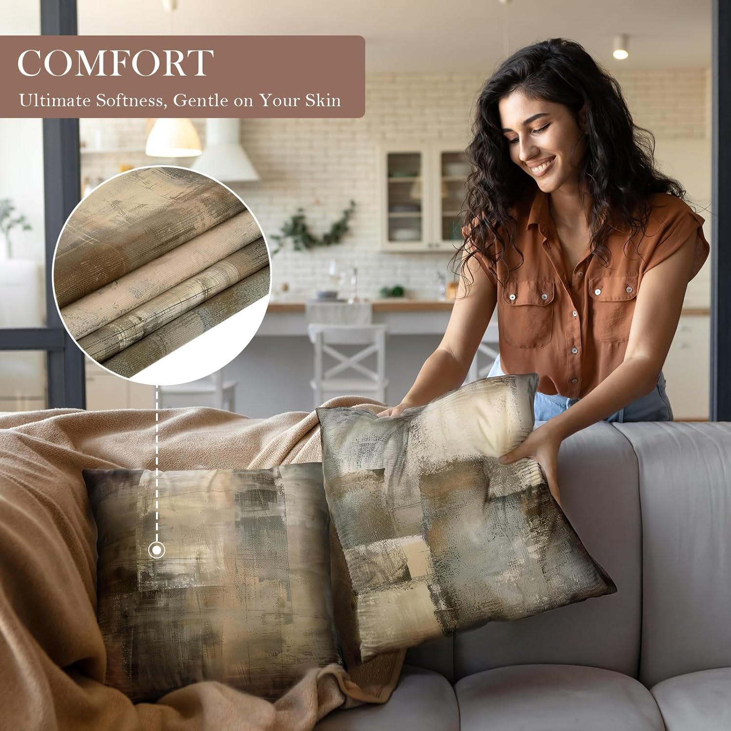 Brown Tan and Gray Set of 4 18 x 18 Inch Throw Pillow Covers,Taupe Modern Art Abstract Painting Home Decor Couch Pillow Covers Neutral Decorative for Sofa Bedroom Living Room - Image 6