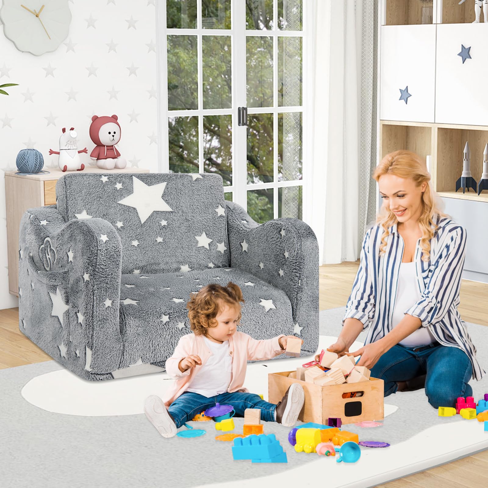 Sofá infantil 2 en 1 que brilla en la oscuridad, cómodo y suave y plegable para niñas y niños 8