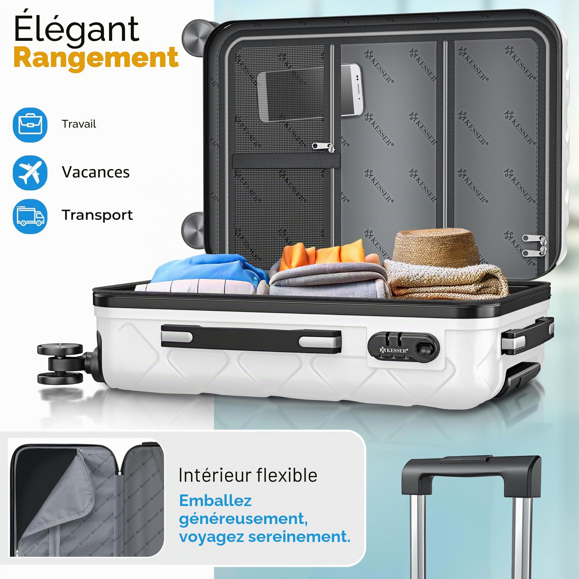 KESSER® Valise de voyage - Bagage à main rigide en ABS - Avec serrure à combinaison, pèse-bagage et portefeuille à roulettes 360° - Valise à roulettes pour affaires